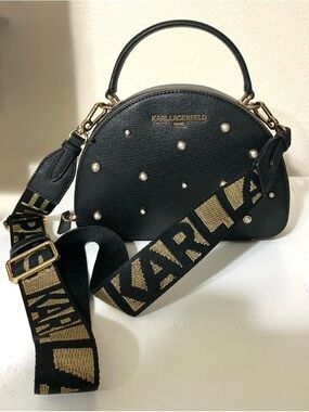 KARL LAGERFELD Maybelle Pearl Stud Dome Satchel Crossbody Gold Logo Strap